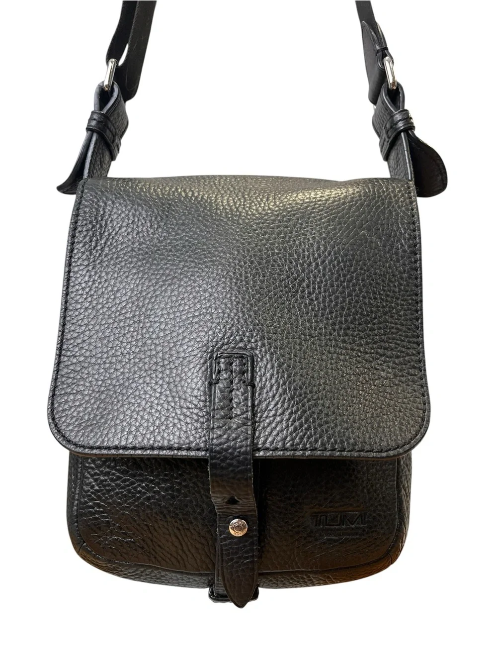 TUMI Black Pebbled Leather Flap Crossbody Bag Adjustable Strap 8x9